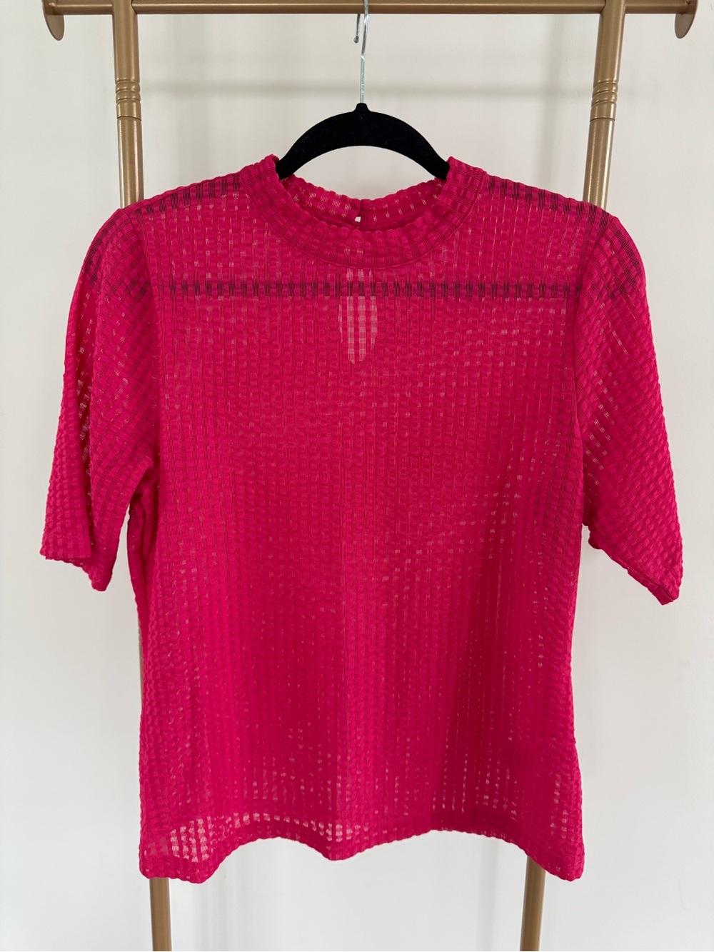 Anthropologie Sheer Textured Short Sleeve Top - Fuchsia